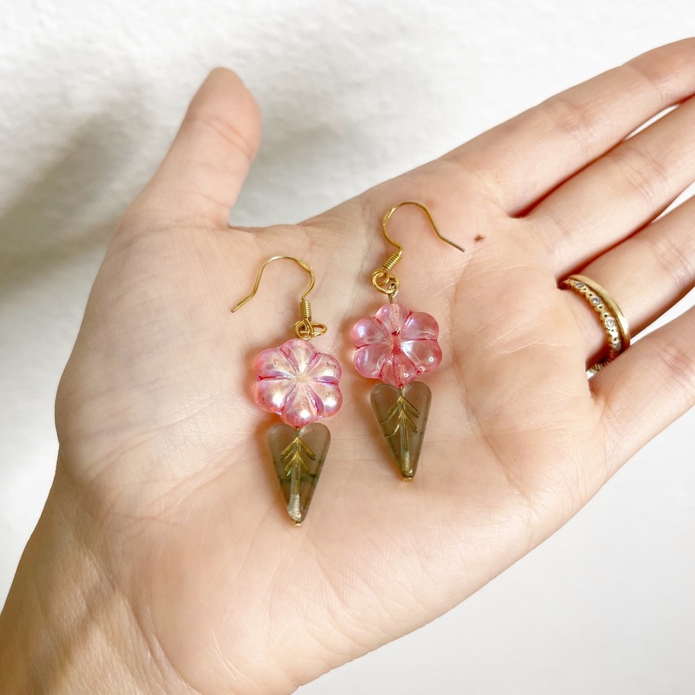 Handmade Czech Glass Pink Flower Leaf Drop Earrings Gold Tone Whimsical Floral